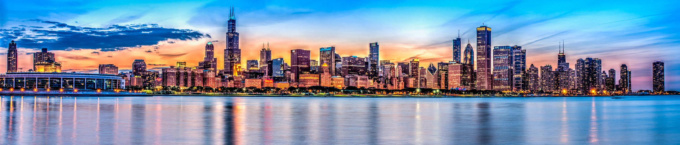 Chicago Sunset Skyline Night Panorama